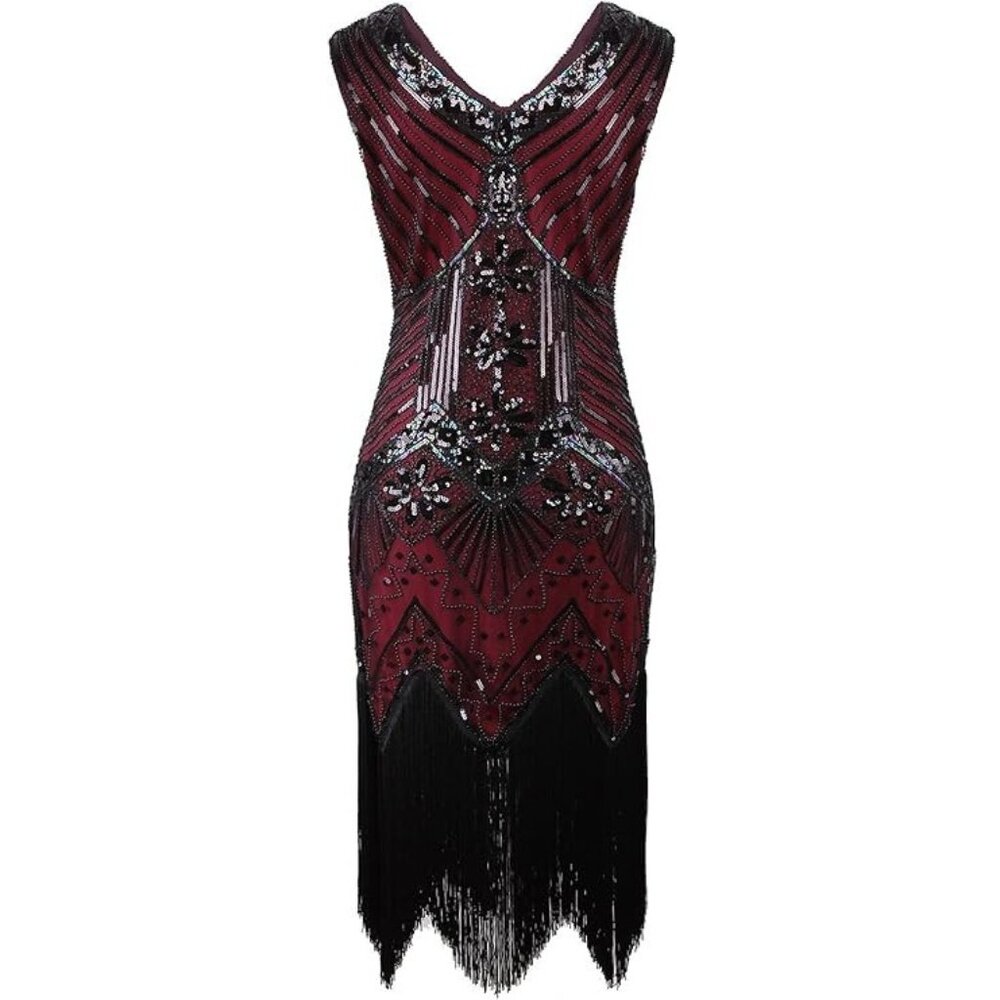 Women XL Flapper dress costume halloween maroon Burgundy wine fringe black Party - Picture 12 of 14